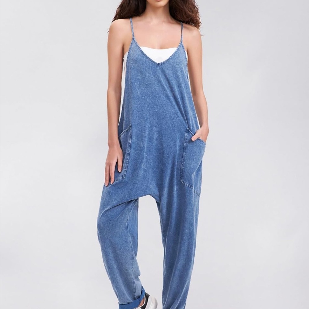 Washed Blue Denim Jumpsuit with Pockets